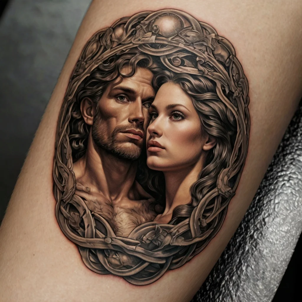 Realistic portrait tattoo featuring a man and woman entwined in ornate, detailed swirling vines and intricate patterns.