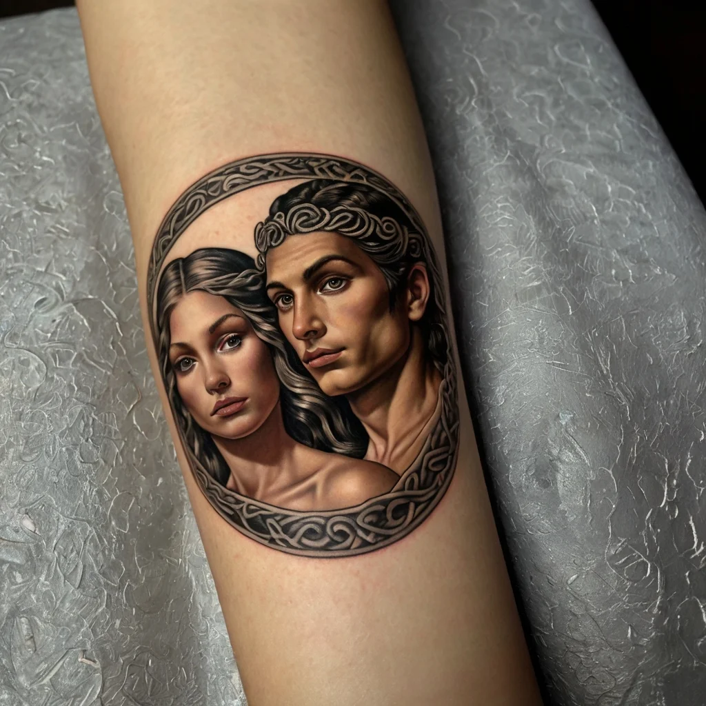 Realistic portrait tattoo of a man and woman framed by intricate Celtic knotwork on the inner arm.