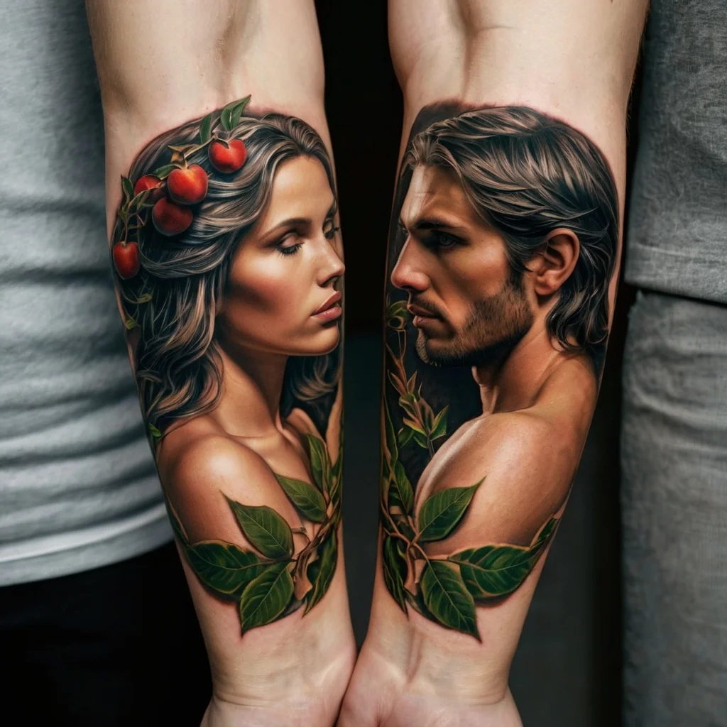 Realistic tattoo of a man and woman facing each other, entwined with leaves and apples, symbolizing nature and connection.