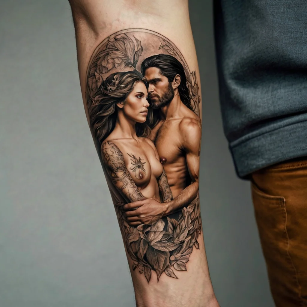 A lifelike tattoo of a couple embracing, surrounded by intricate leaves and floral motifs, symbolizes love and unity.