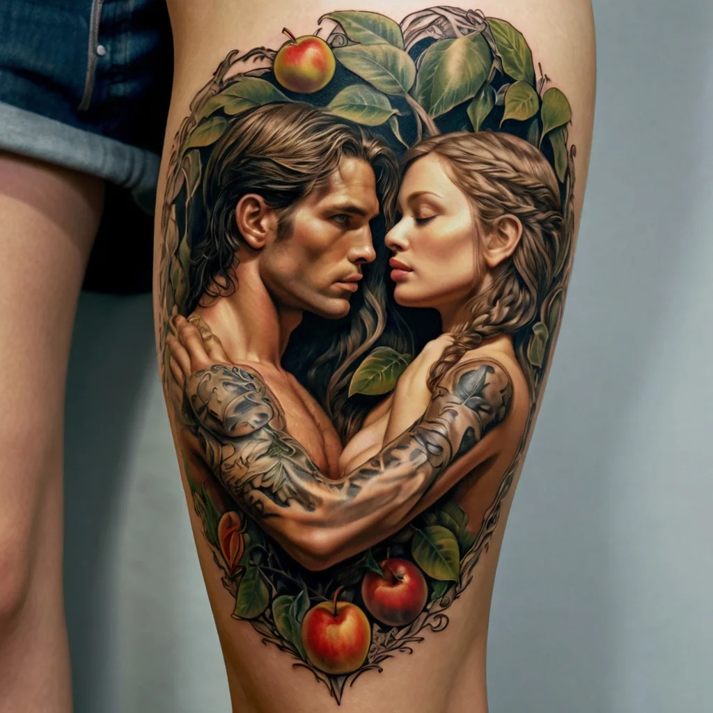 A realistic tattoo of an embracing couple surrounded by leaves and apples, symbolizing passion and temptation.