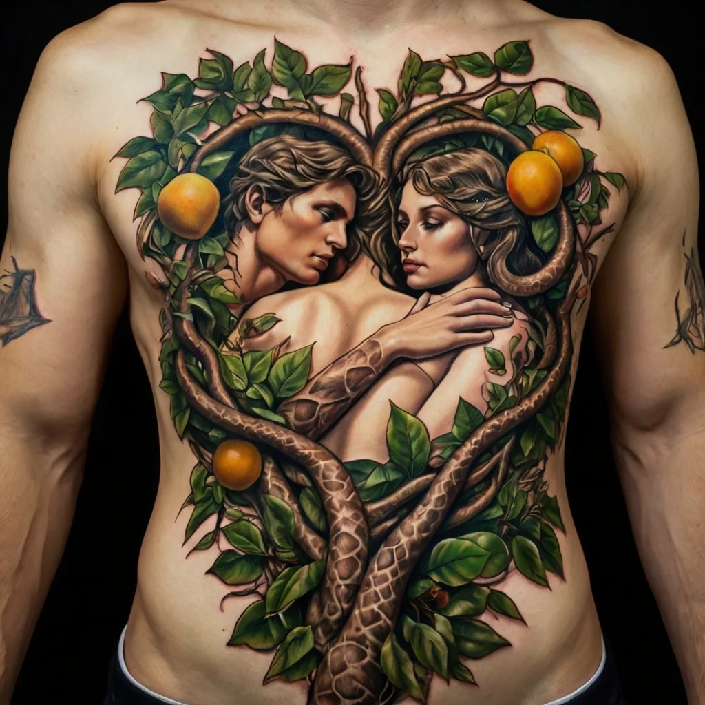 Intricate chest tattoo of entwined lovers, surrounded by vines, leaves, and oranges, symbolizing unity and nature.