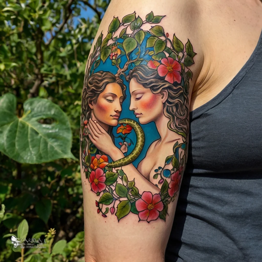 Neo-traditional tattoo of two women encircled by flowers and a snake, set against a vivid blue background.