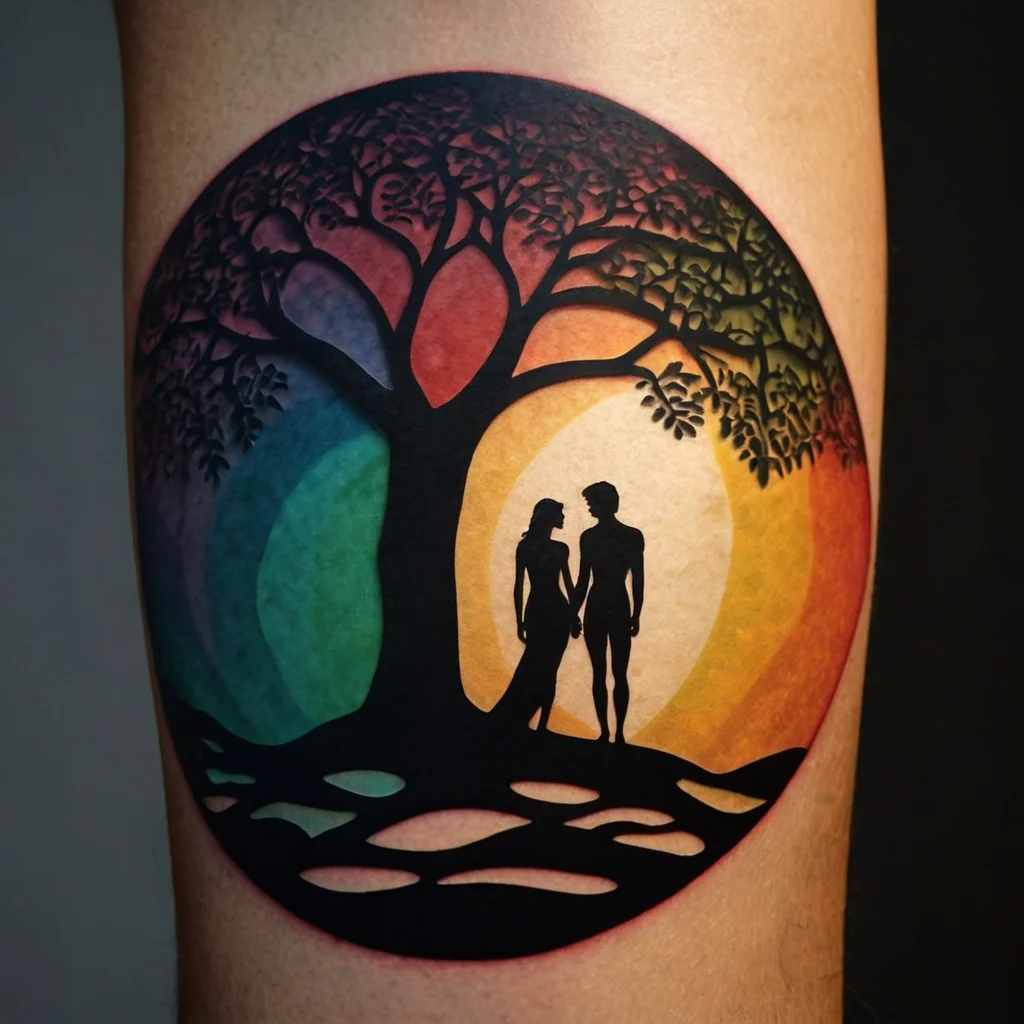 Silhouetted couple under a tree with a vibrant rainbow background, symbolizing love and unity.