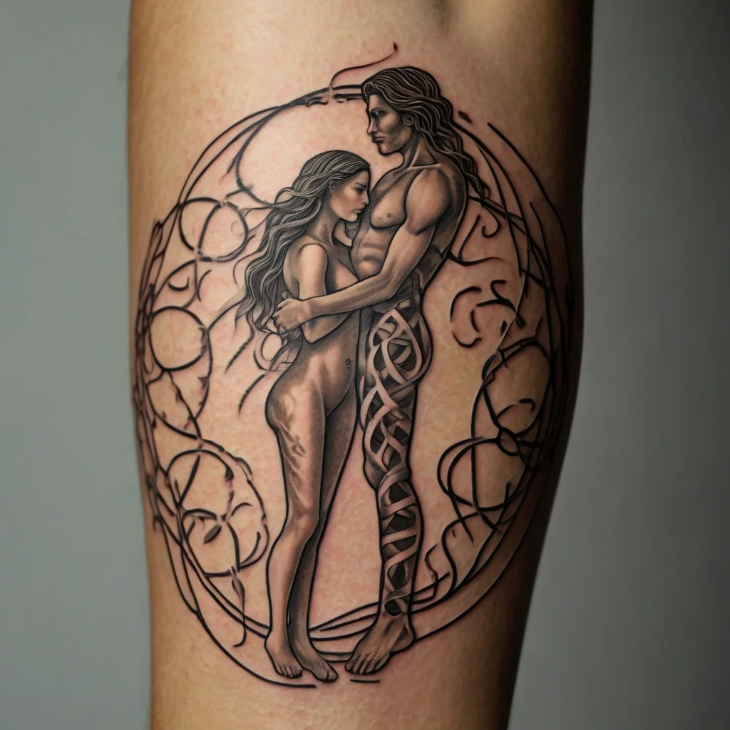 A tattoo of an embracing couple entwined with Celtic knot patterns and surrounded by dynamic, abstract lines in a circle.