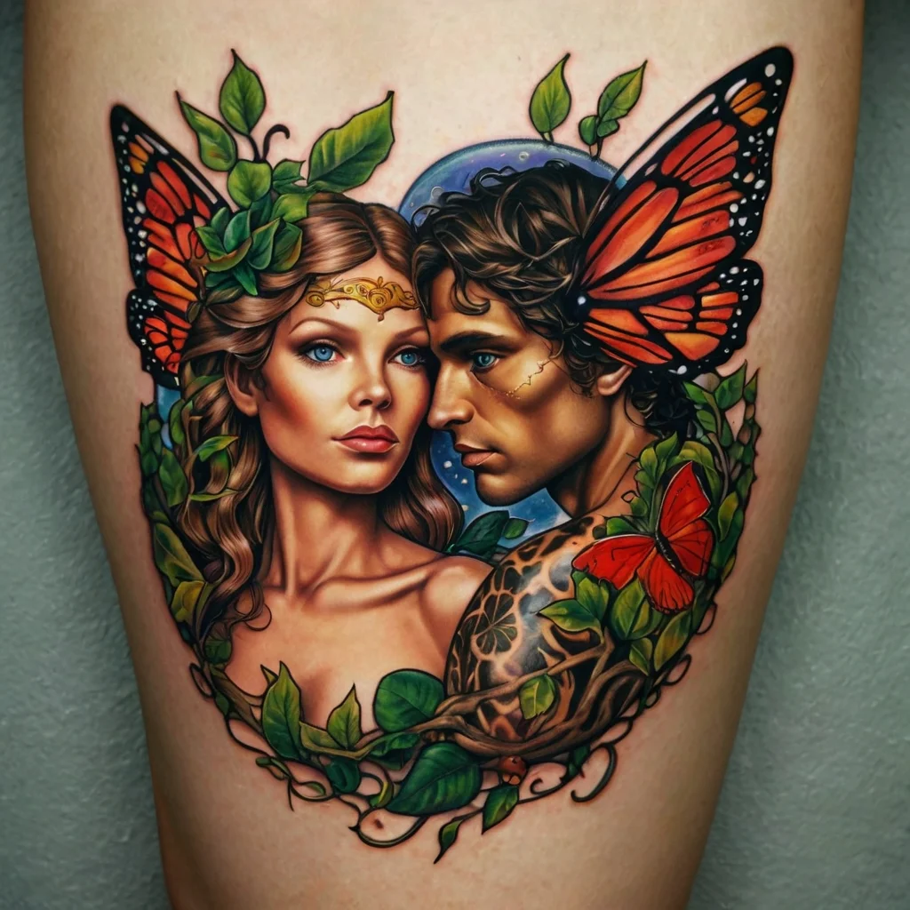 A vibrant tattoo of a couple with butterfly wings, surrounded by leaves and a night sky backdrop, symbolizing transformation.