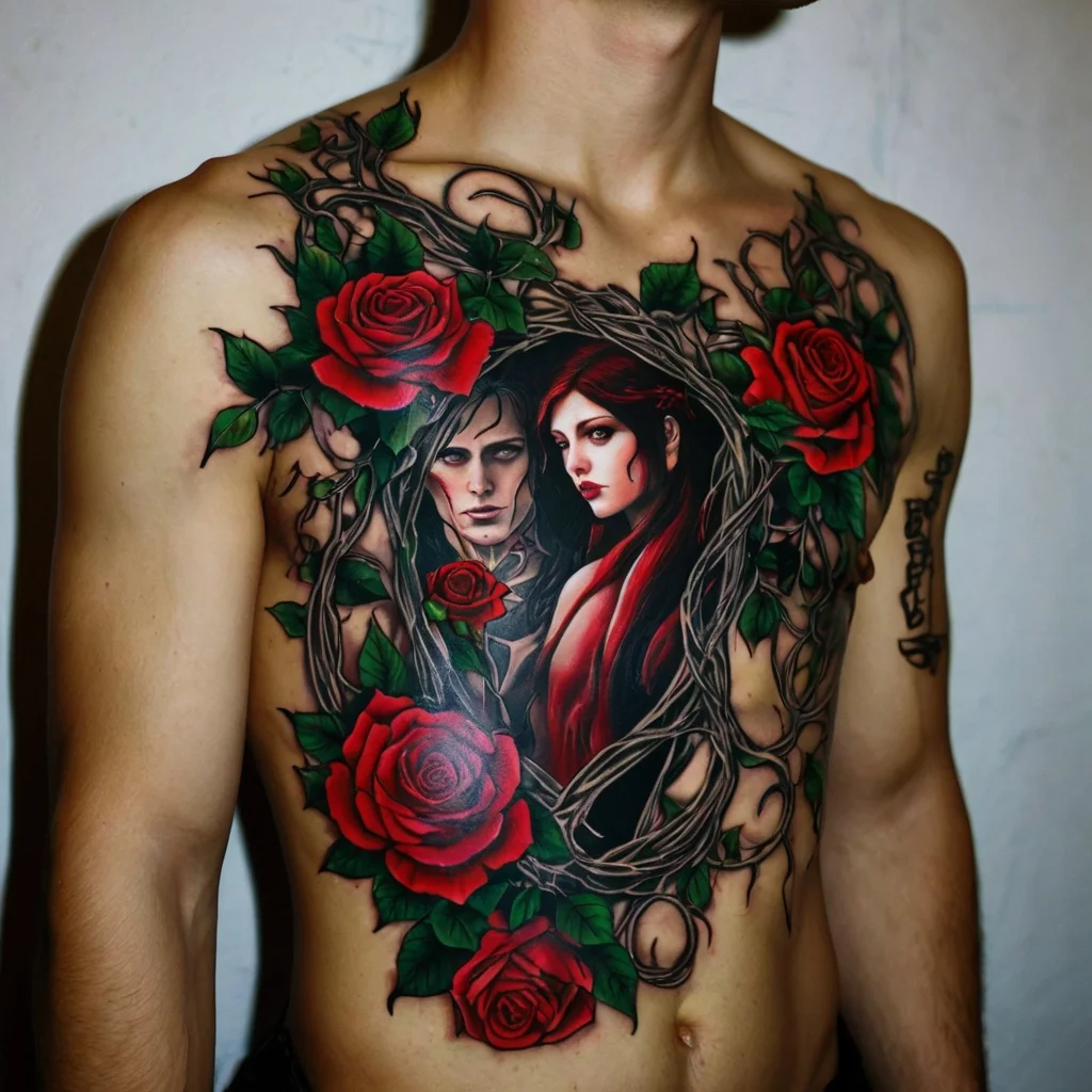 Chest tattoo of entwined branches framing two figures, surrounded by vivid red roses and lush green leaves.