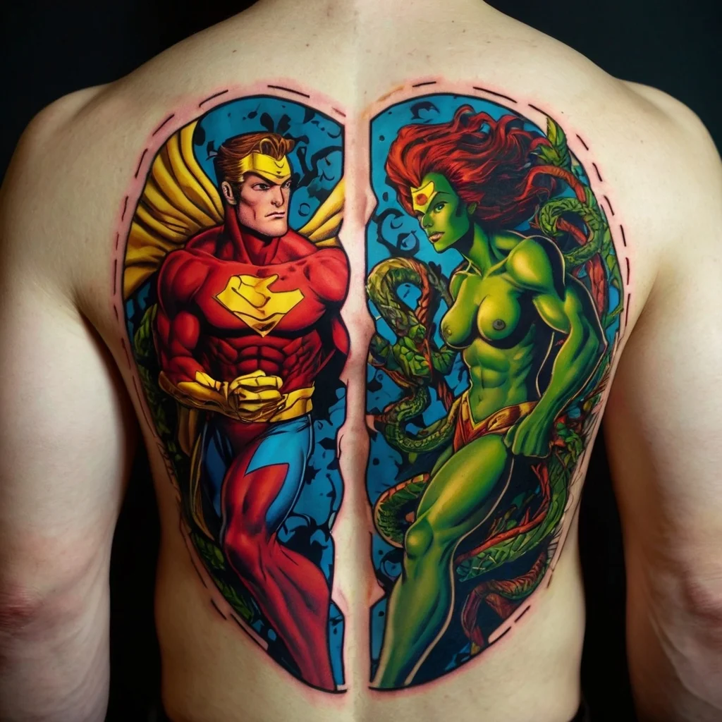 Vibrant full back tattoo of two comic-style heroes facing off, surrounded by dynamic background elements.