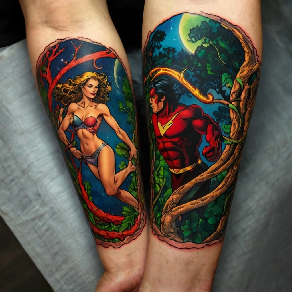 Vibrant superhero tattoo depicting a powerful woman in a bikini and a muscular man in a red suit amidst a night forest.