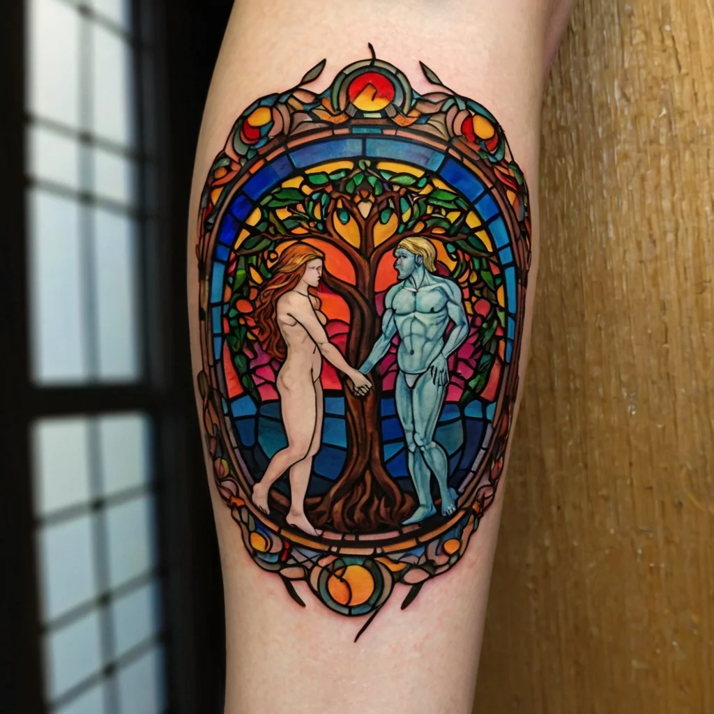 Stained glass-style tattoo of a man and woman holding hands by a tree, encircled by vivid colors and intricate patterns.