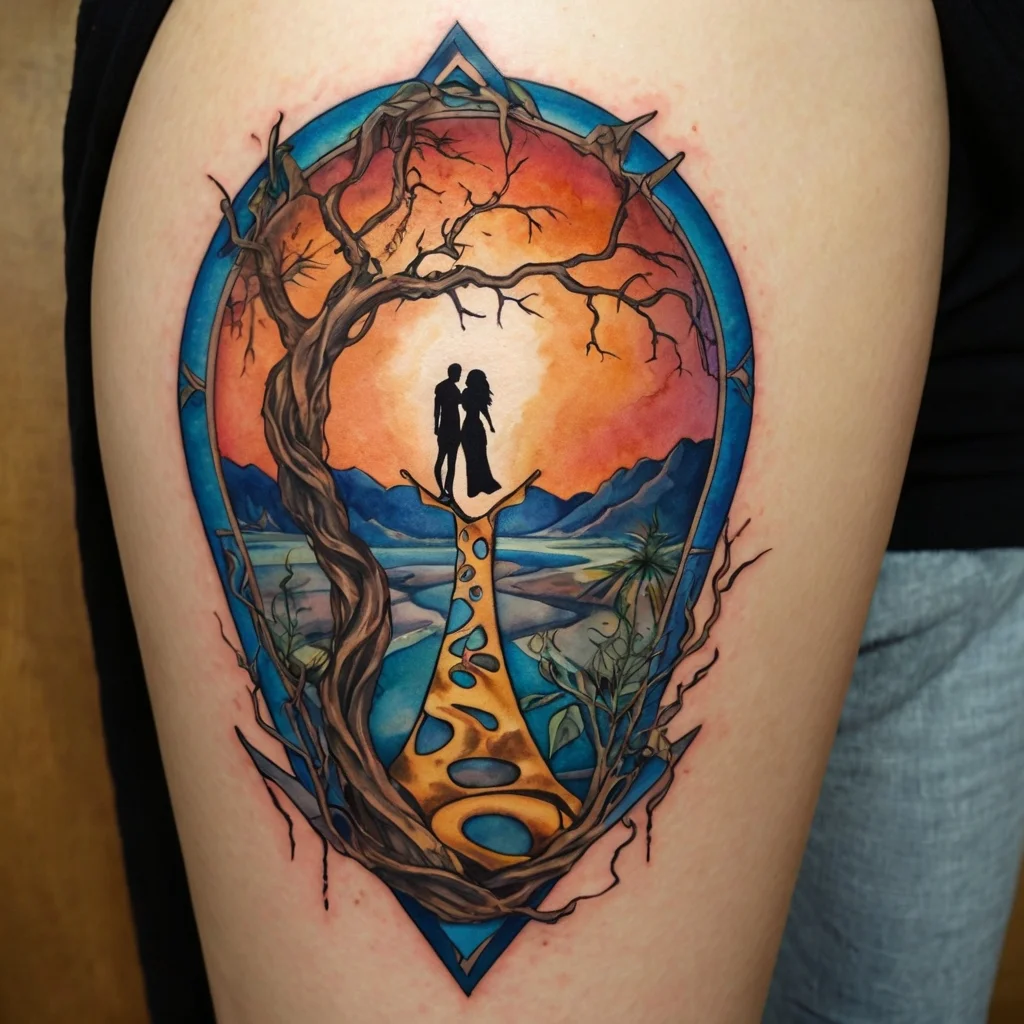 Colorful tattoo of a couple under a tree, silhouetted against a vibrant sunset within an ornate, teardrop-shaped frame.