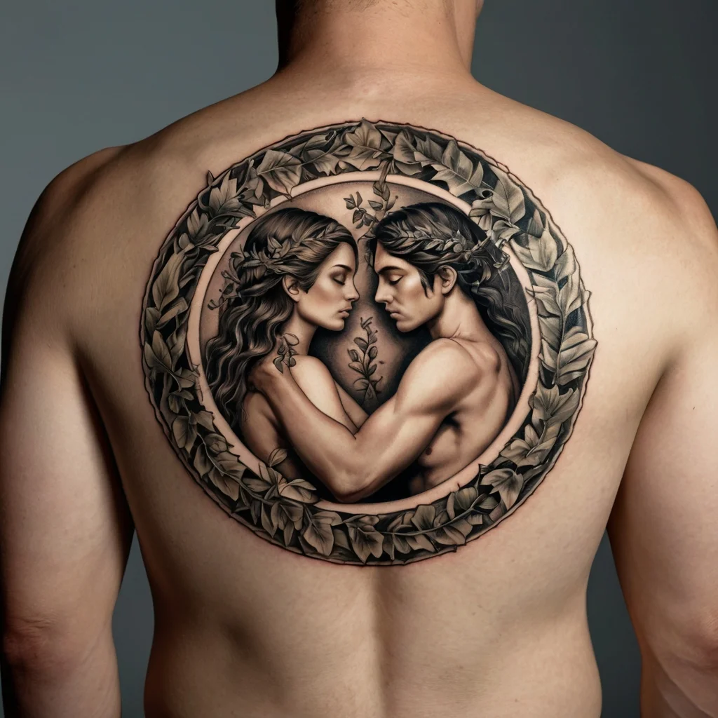 A black and gray tattoo depicting two entwined figures surrounded by a circle of ivy leaves, symbolizing unity and nature.