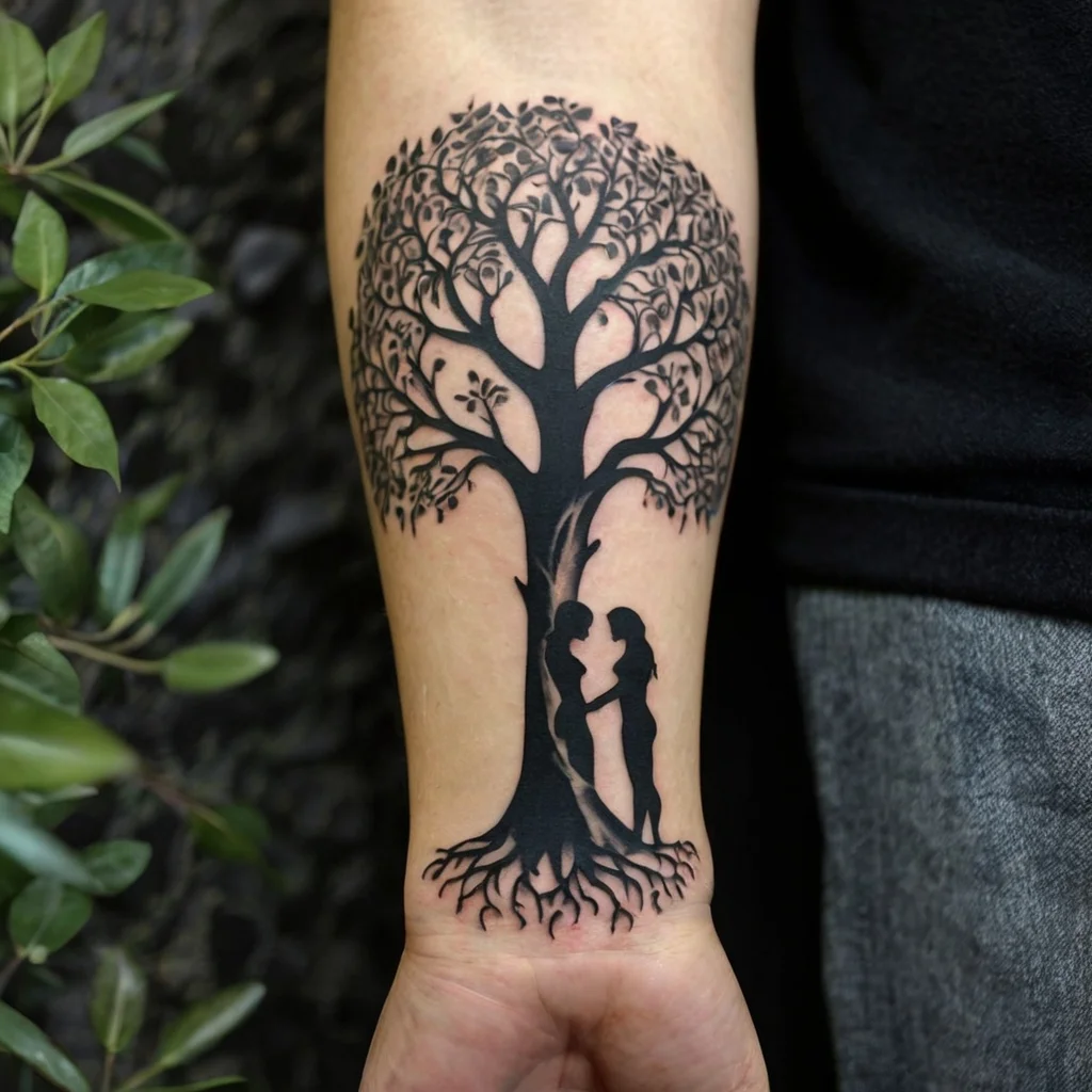 Silhouette of a kissing couple under a detailed tree with expansive branches and roots, symbolizing growth and love.