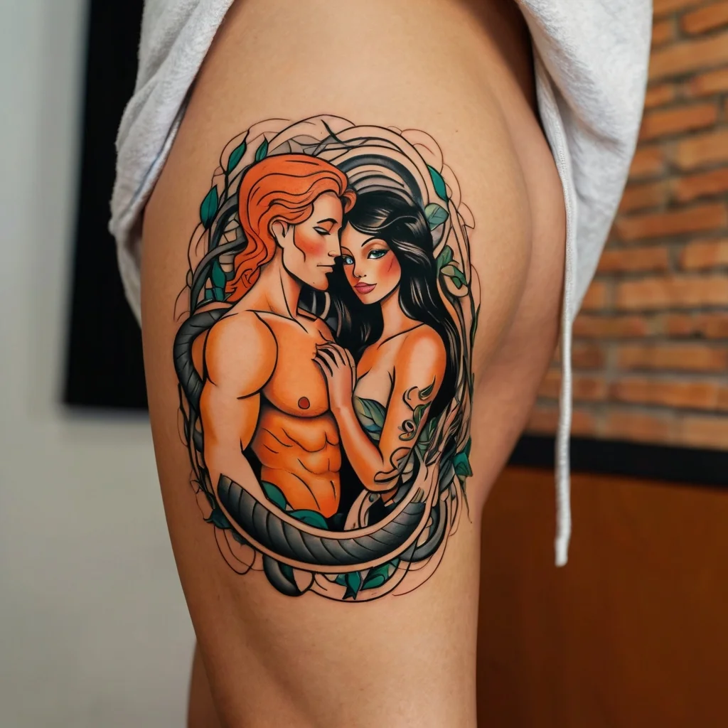 Tattoo of an embracing couple with flowing hair entwined by a serpent, surrounded by green leaves, on an upper thigh.