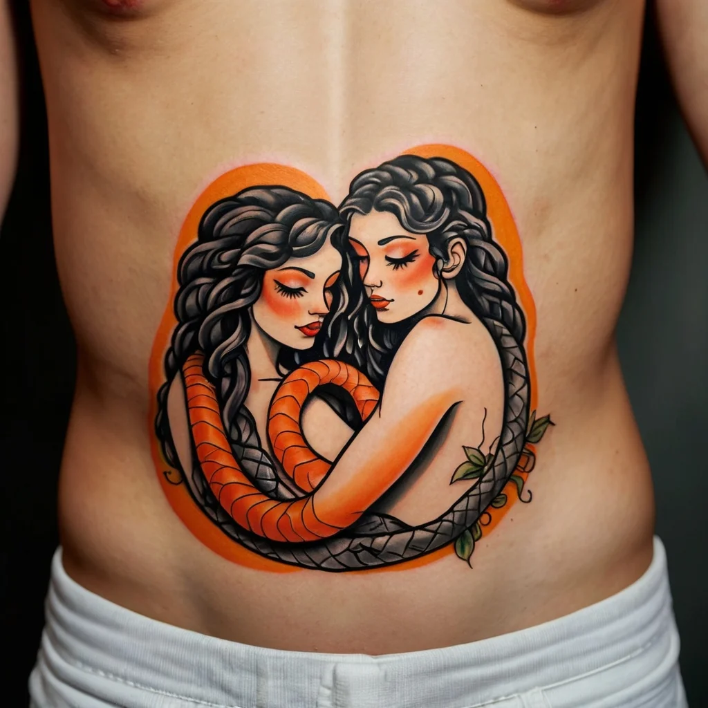 Neo-traditional tattoo of two women entwined with an orange snake, detailed with bold outlines and vibrant shading.