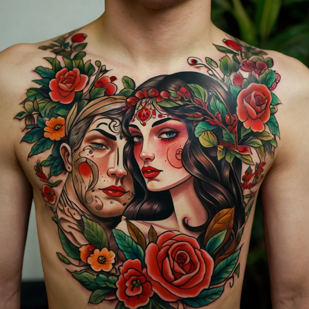 Colorful chest tattoo of two faces surrounded by roses and leaves, blending realism with traditional elements.