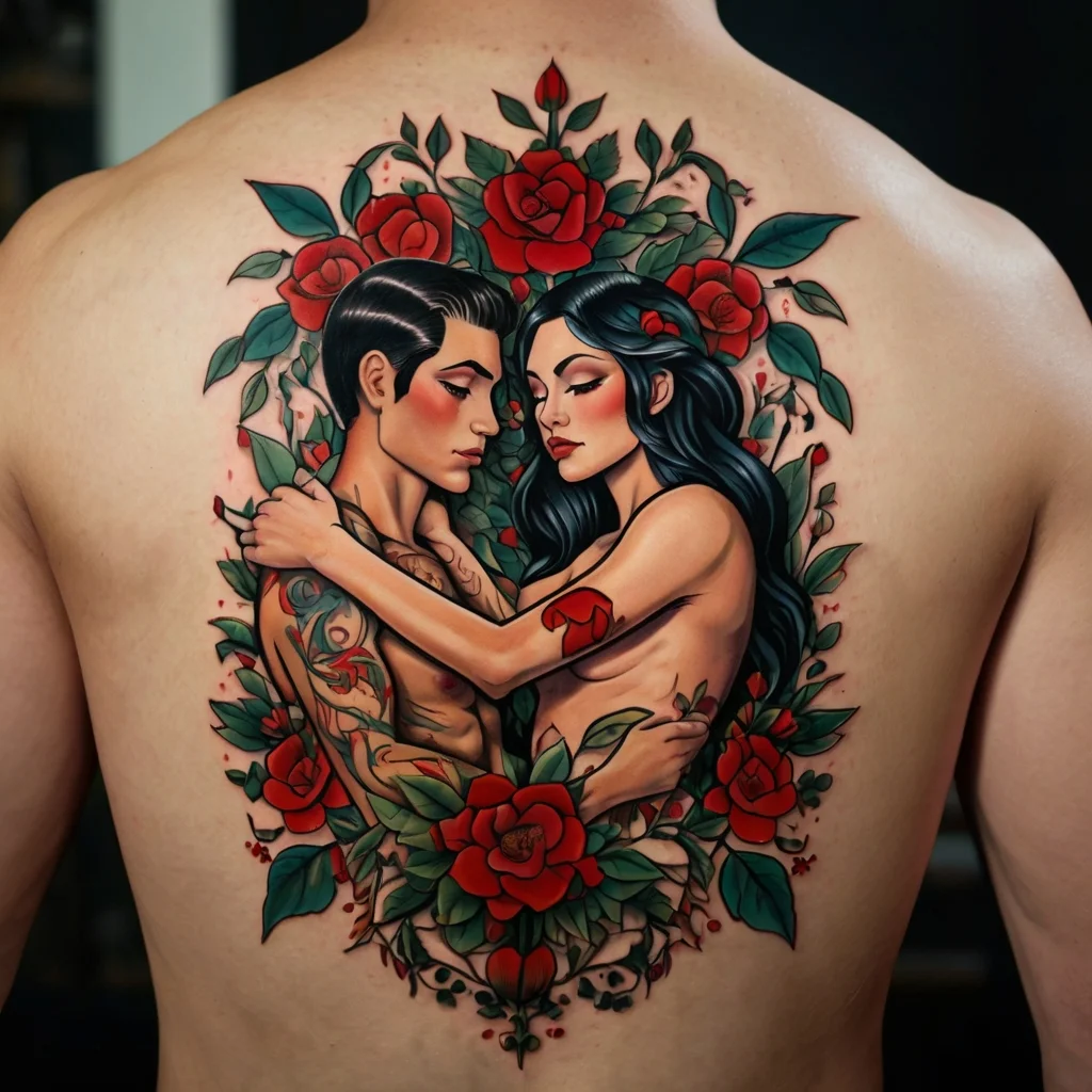 Vibrant tattoo of embracing couple framed by red roses, symbolizing love and passion, covering the entire upper back.