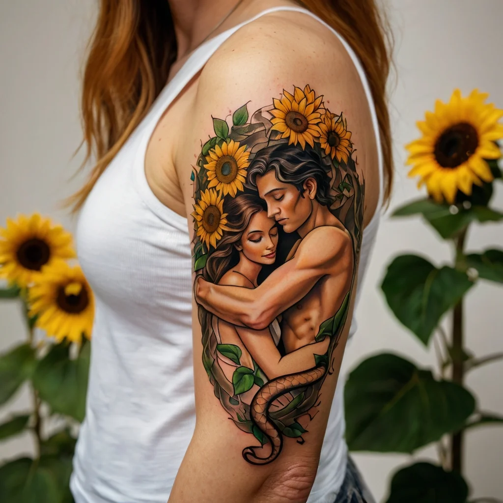 Tattoo of an embracing couple surrounded by vibrant sunflowers, symbolizing love and nature's beauty, intertwined by a snake.