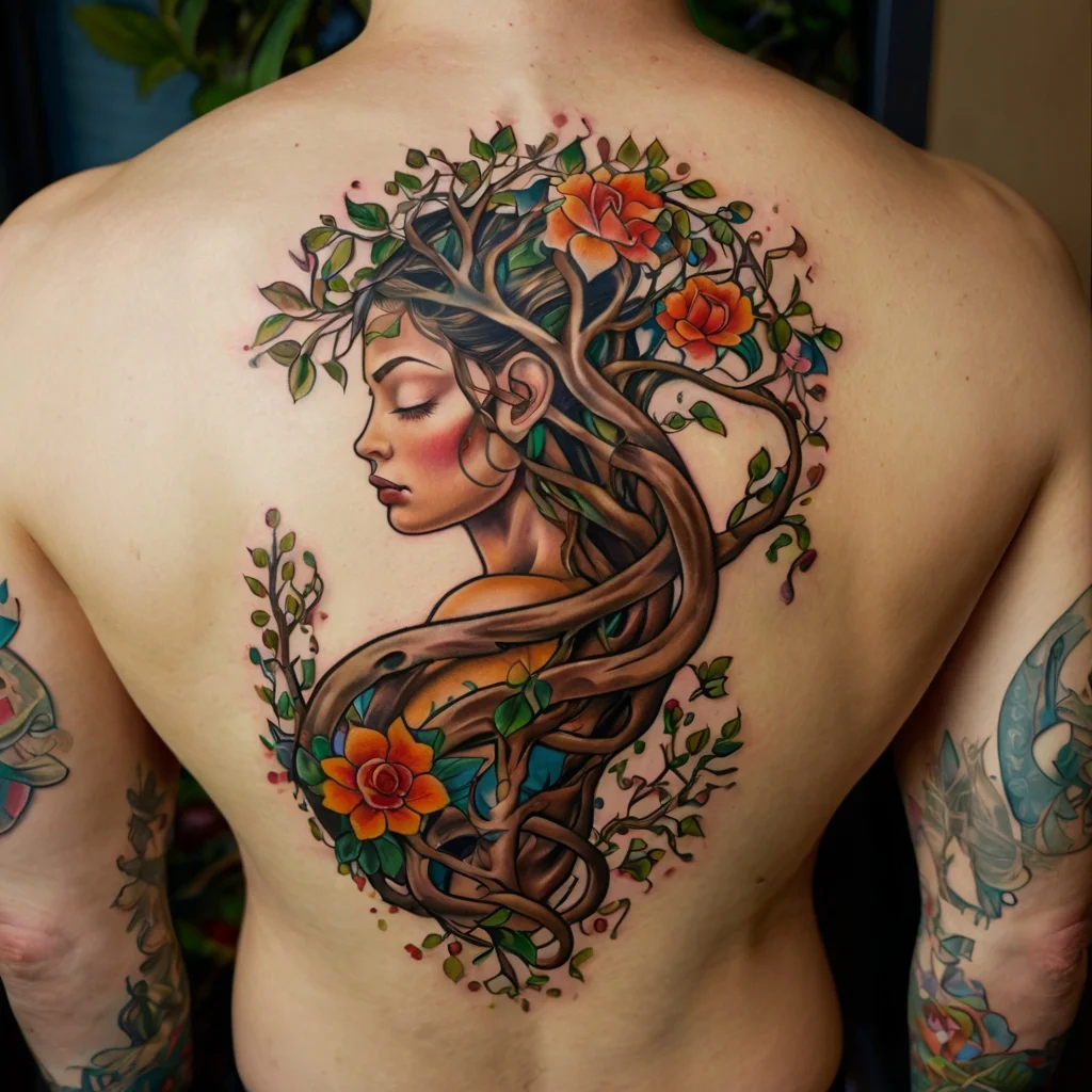 A vibrant back tattoo of a woman's profile with entwined tree branches and colorful flowers, symbolizing nature and beauty.