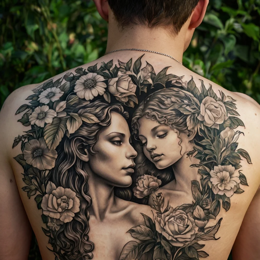 Intricate black and gray tattoo of two women surrounded by detailed roses and foliage covering the upper back.