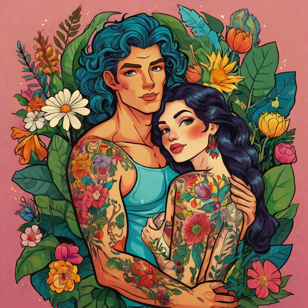 A vibrant floral tattoo design covers the couple's arms and shoulders, featuring diverse flowers and lush green leaves.