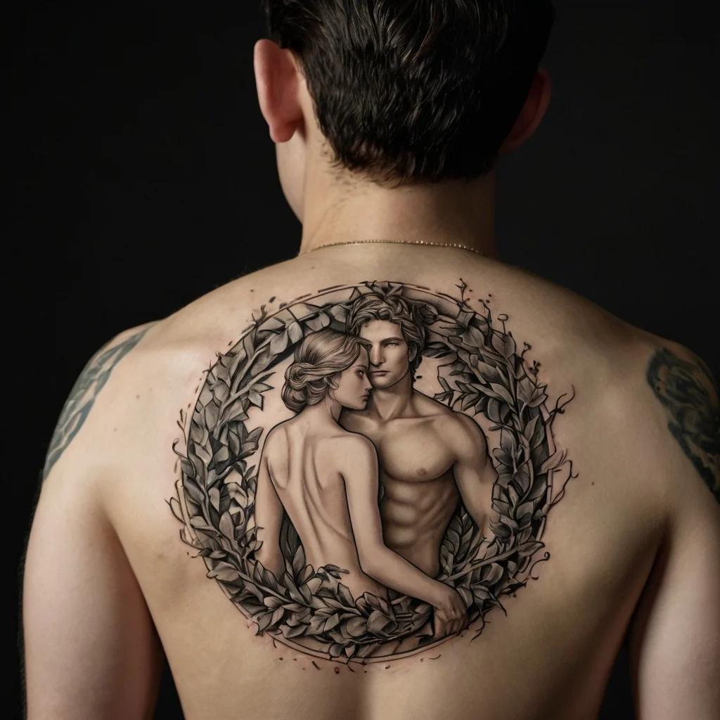 Realistic tattoo of a couple embraced within a detailed floral wreath, symbolizing love and unity on the back.