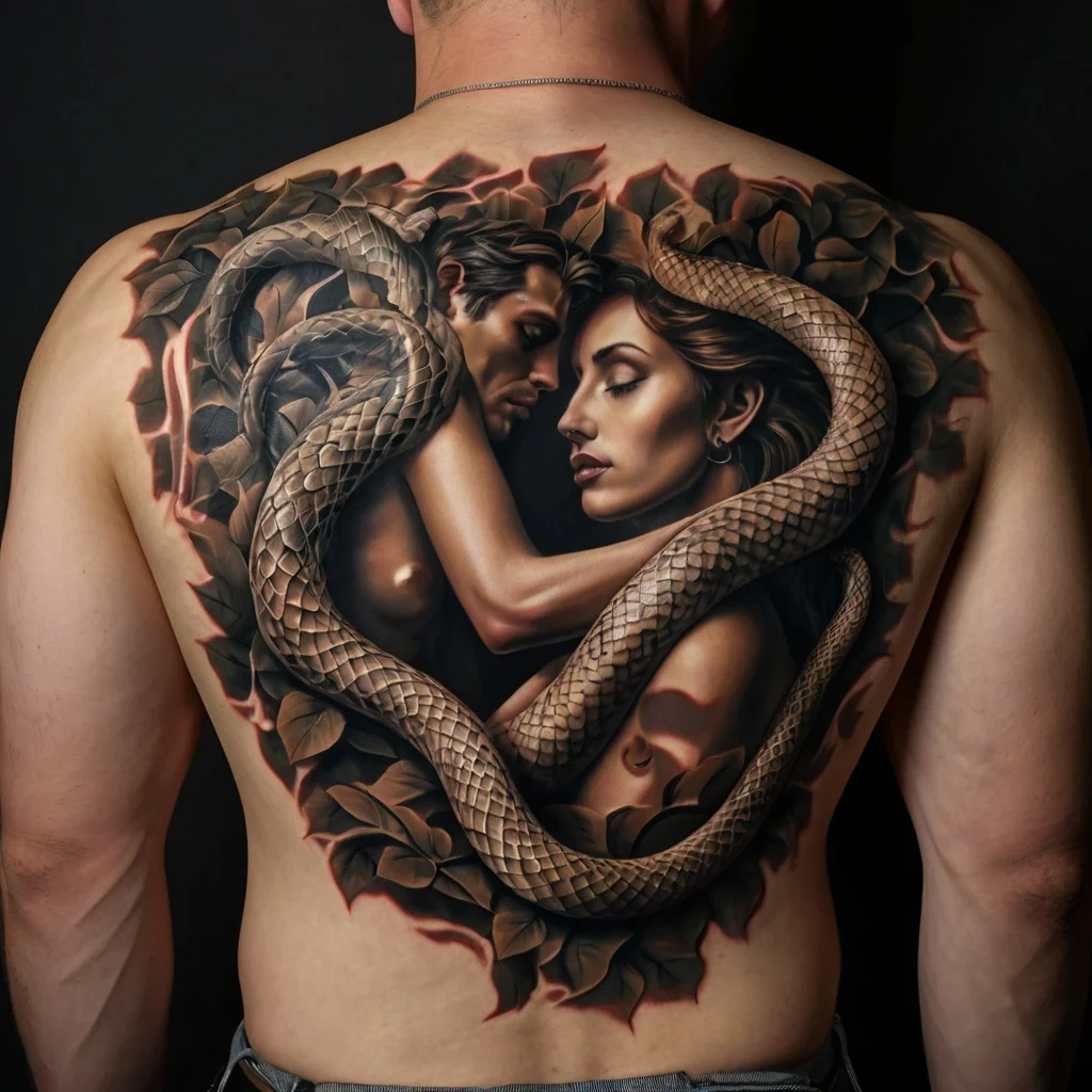 Detailed tattoo of entwined pair with a serpent, surrounded by leaves, symbolizing temptation and intimacy across the back.