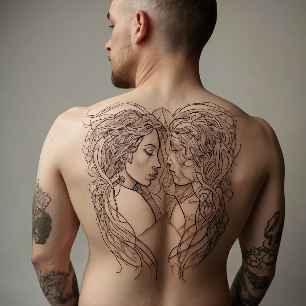 Line art tattoo of two intertwined faces with flowing hair on a man's back, creating a harmonious, symmetrical design.