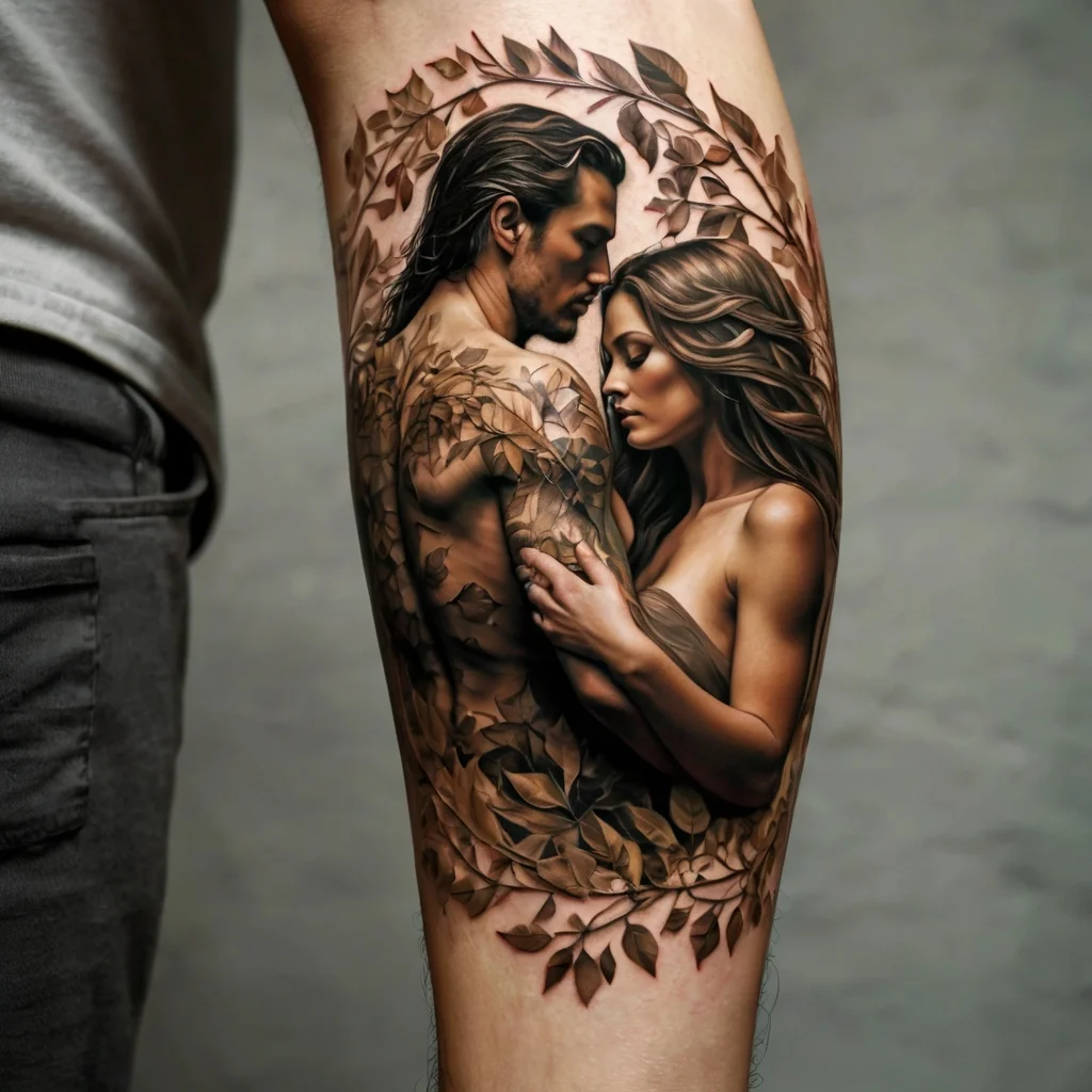 Realistic tattoo of an embracing couple entwined with detailed leaves and branches, symbolizing unity and nature.