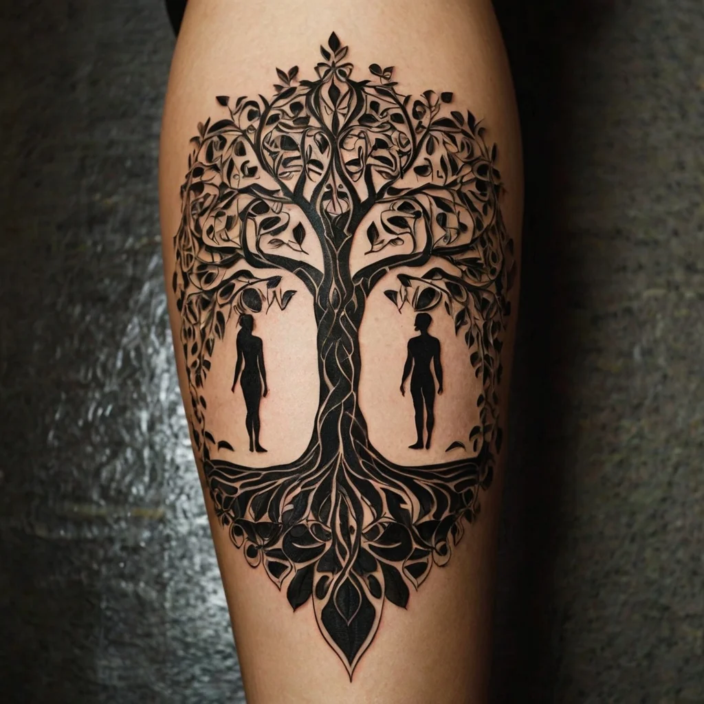 Stylized tree tattoo with intricate branches and roots, framing two silhouetted human figures within the trunk.