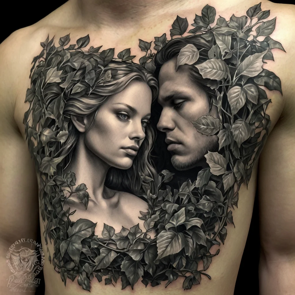 Realistic grayscale tattoo of a couple's faces surrounded by intricate ivy, symbolizing eternal love and nature.