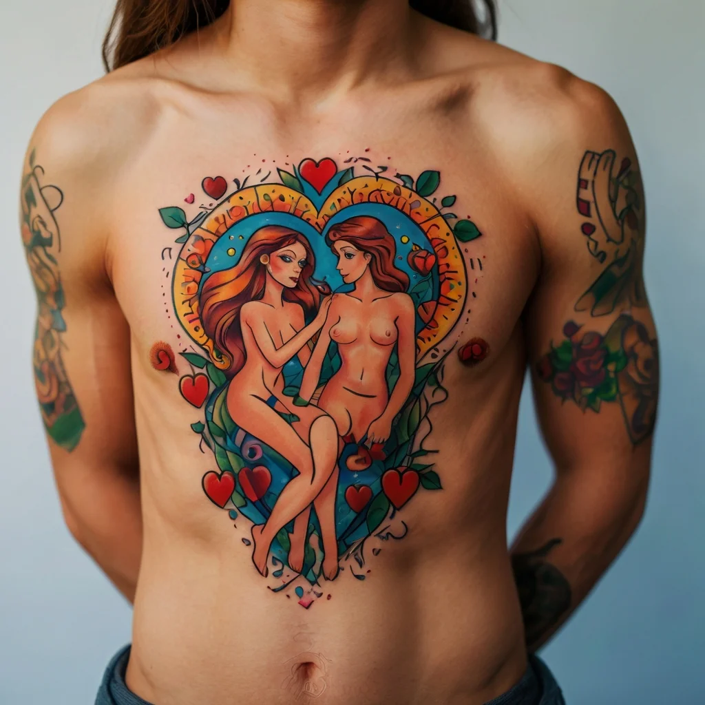 A vibrant chest tattoo featuring two women within a heart frame, surrounded by roses, vines, and red hearts.