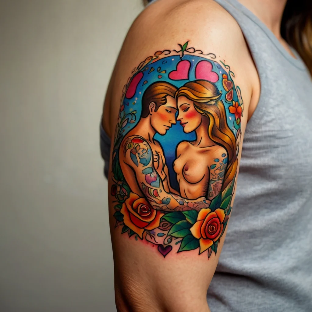 Vibrant tattoo of a couple embracing, surrounded by roses, hearts, and intricate designs with a blue and pink background.