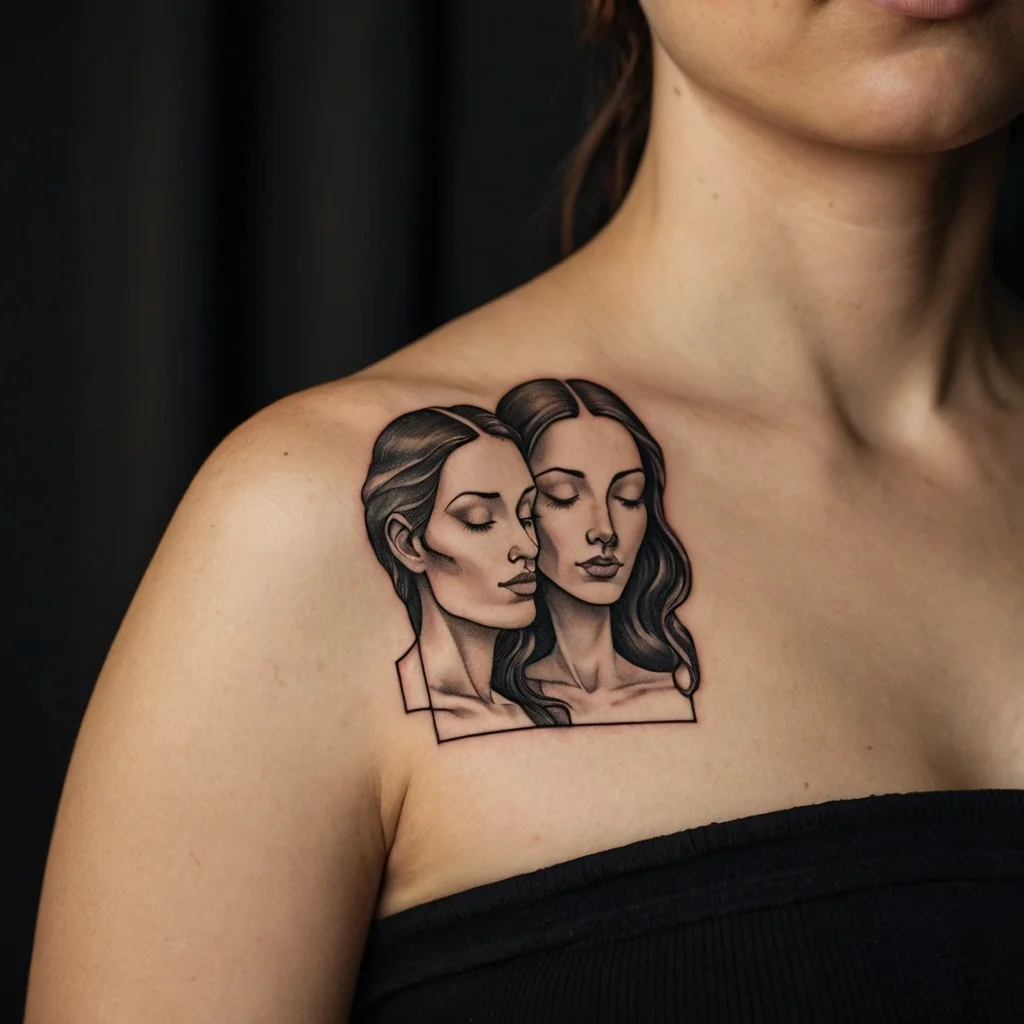 Tattoo of two overlapping female faces in grayscale with closed eyes, blending realism and artistic lines on the shoulder.