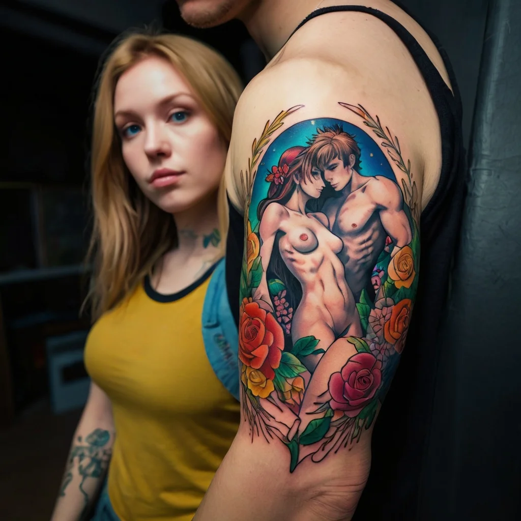 Tattoo of an entwined couple with floral accents and vibrant colors, symbolizing love and unity on the upper arm.