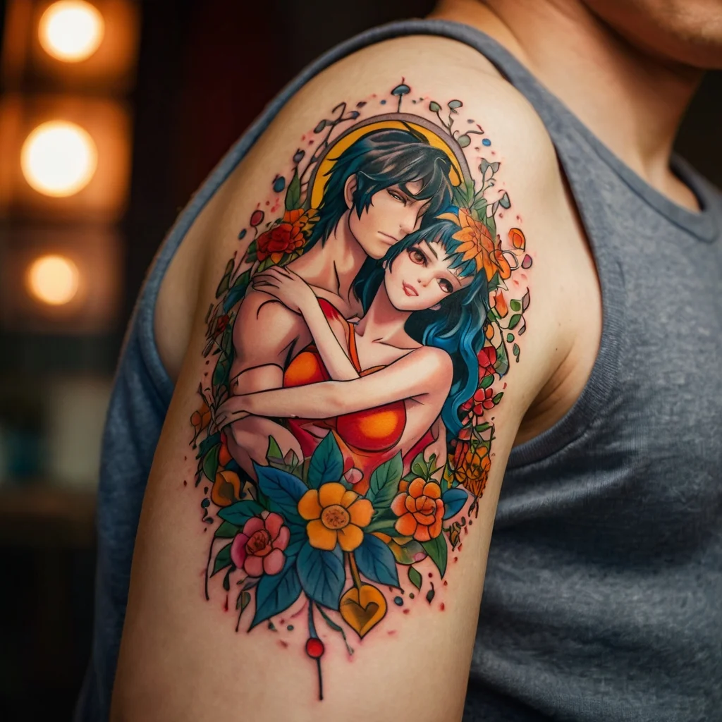 A vibrant tattoo of a couple embraced with colorful flowers, featuring bold outlines and vivid hues on an upper arm.