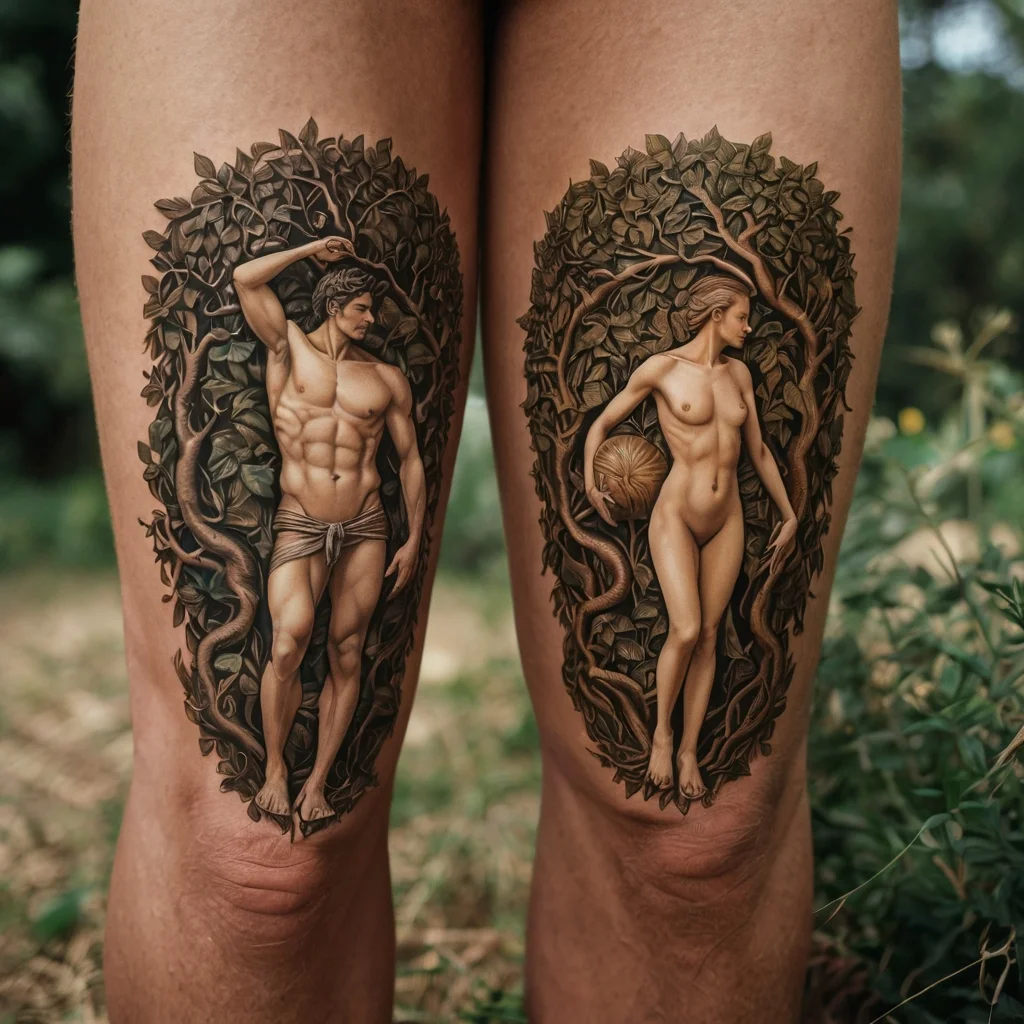 Ornate tattoos depict a male and female entwined with nature, surrounded by detailed leaves and vines on each thigh.