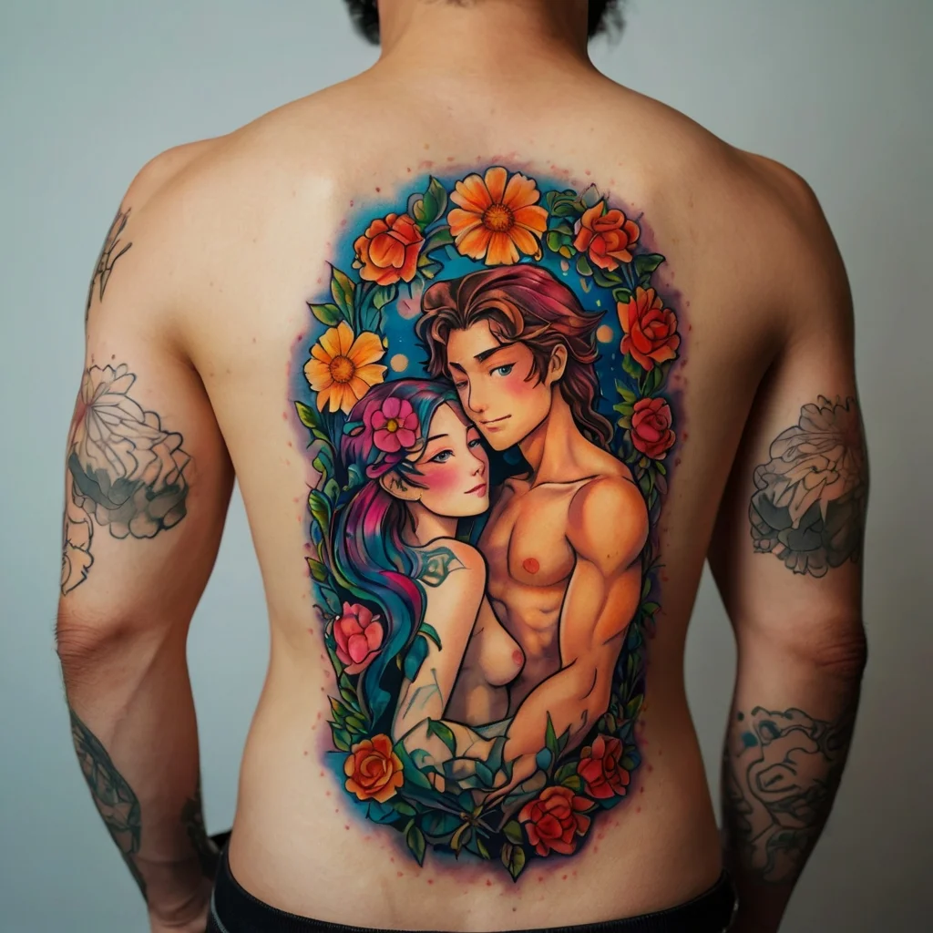 Colorful tattoo of a couple surrounded by vibrant flowers, symbolizing love and unity, elegantly inked on a back.