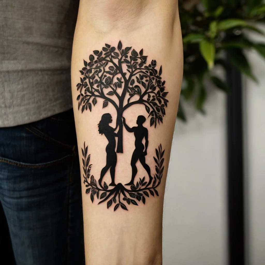 Silhouette tattoo of a man and woman under a tree, symbolizing growth, unity, and harmony, with intricate leaf details.