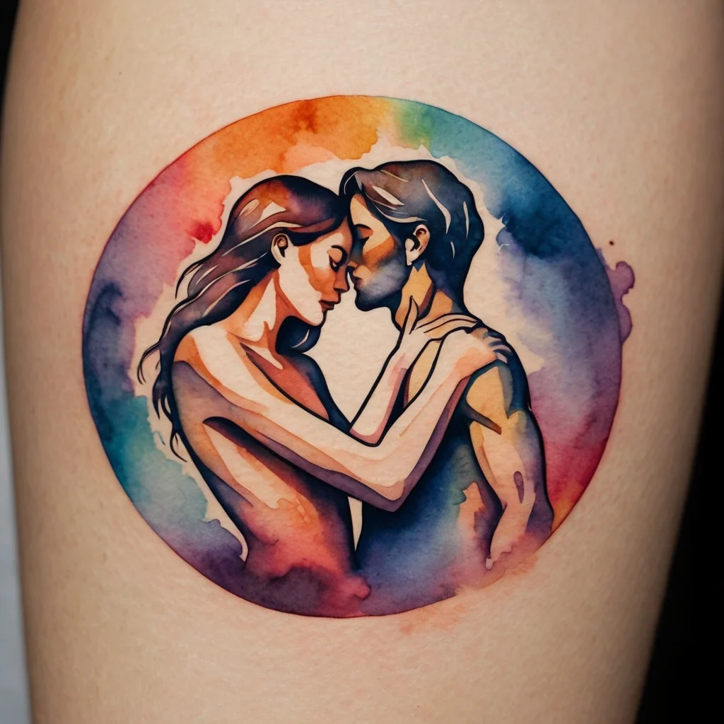 Watercolor tattoo of an embracing couple inside a vibrant circle, symbolizing love and connection through blended hues.