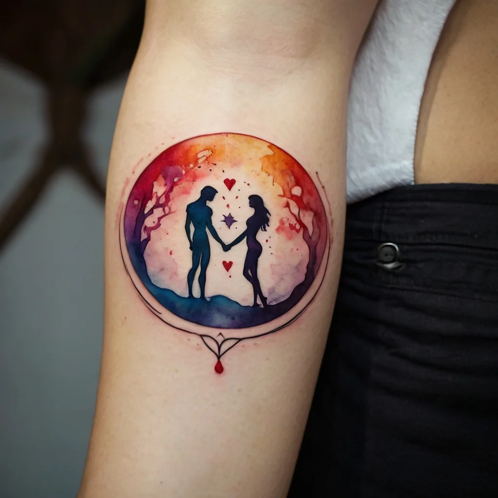 A silhouette couple holding hands in a colorful circle, surrounded by trees and hearts, symbolizing love and unity.