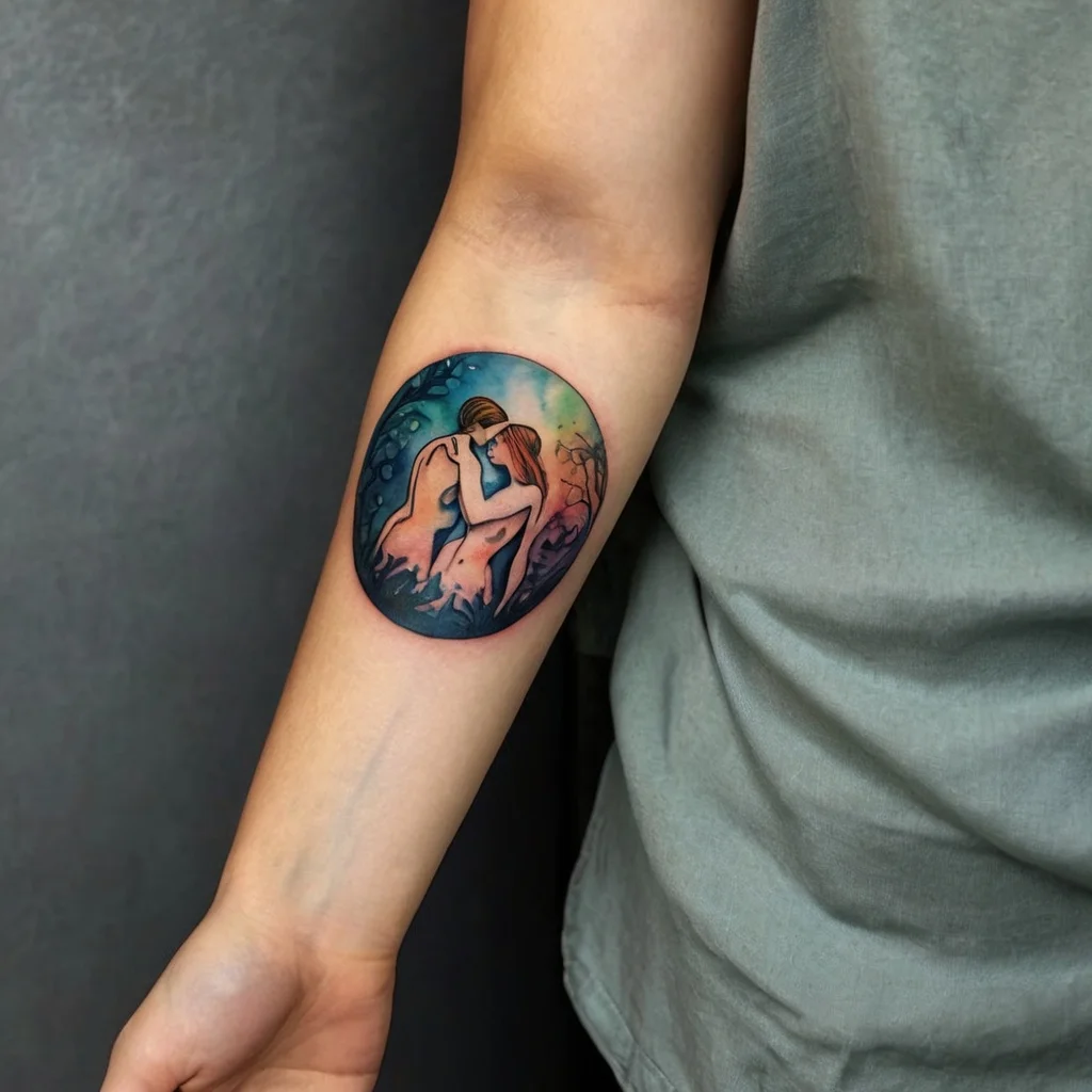 Romantic circular tattoo of two nude figures embracing, surrounded by vibrant colors and abstract organic shapes.