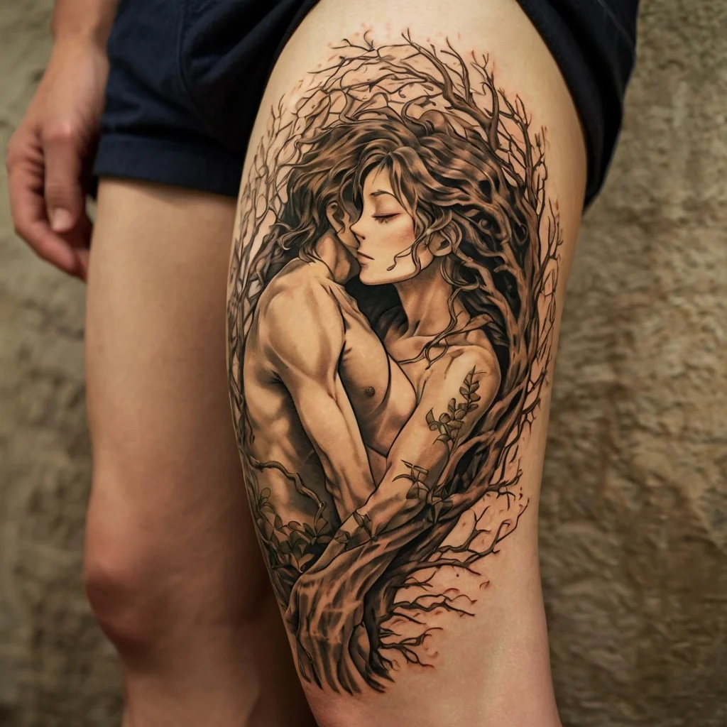 Intricate tattoo of entwined lovers as trees, emphasizing nature's embrace and human connection on the thigh.