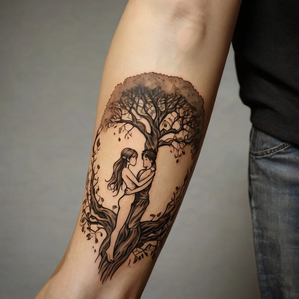 Tattoo of intertwined couple forming a tree, symbolizing unity and growth, detailed with branches and leaves.