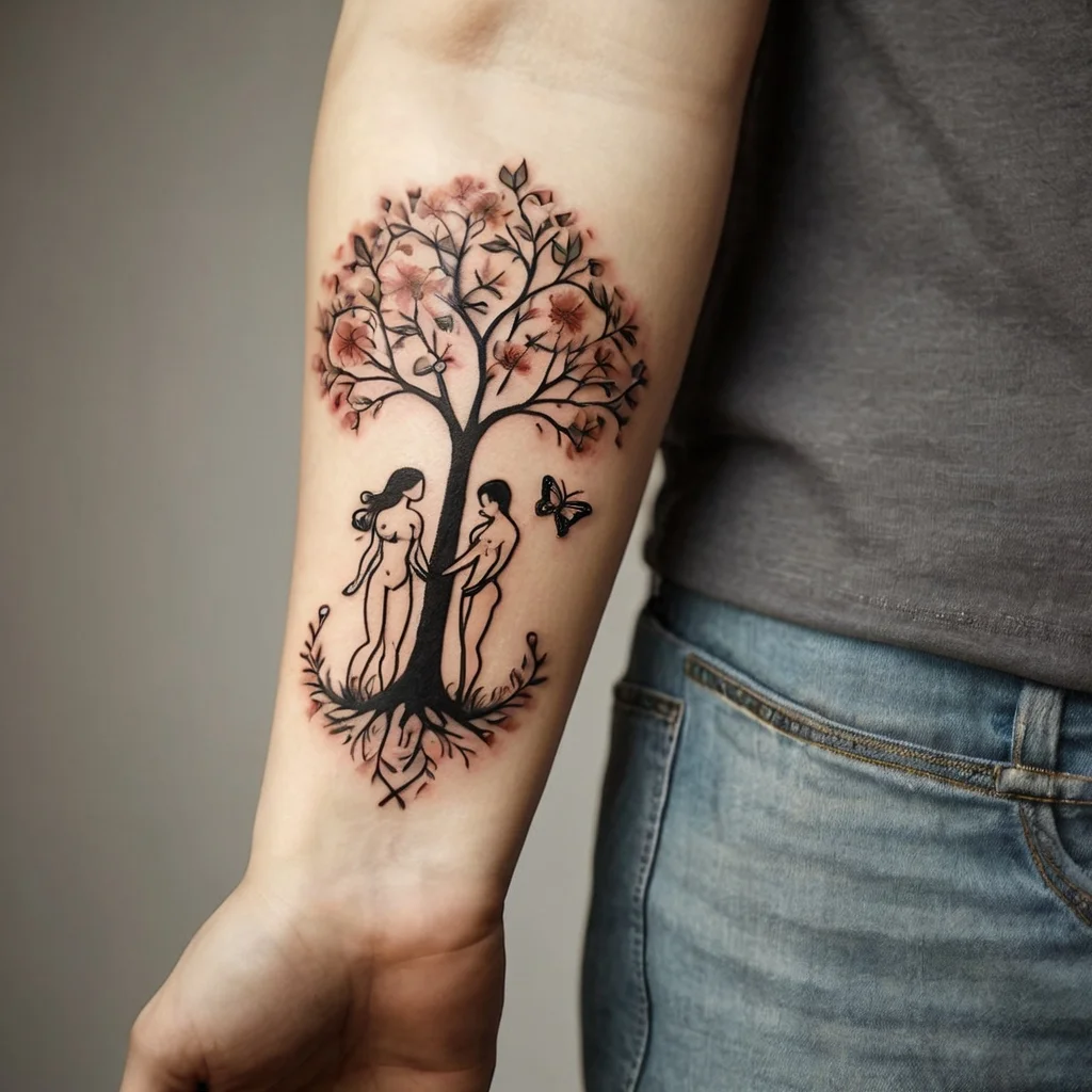 Tattoo of a tree with two figures intertwined at roots, branches forming a canopy, and a butterfly nearby.