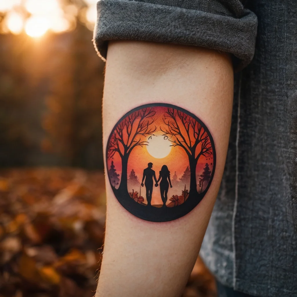 Silhouette tattoo of a couple holding hands under trees, set against a vibrant sunset in a circular frame.