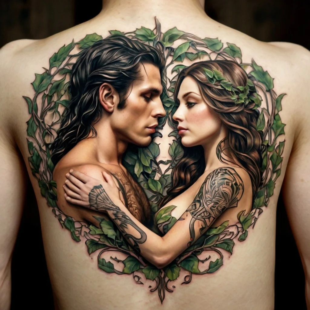 A detailed back tattoo depicting a loving couple embraced, surrounded by green vines and leaves, symbolizing unity and nature.