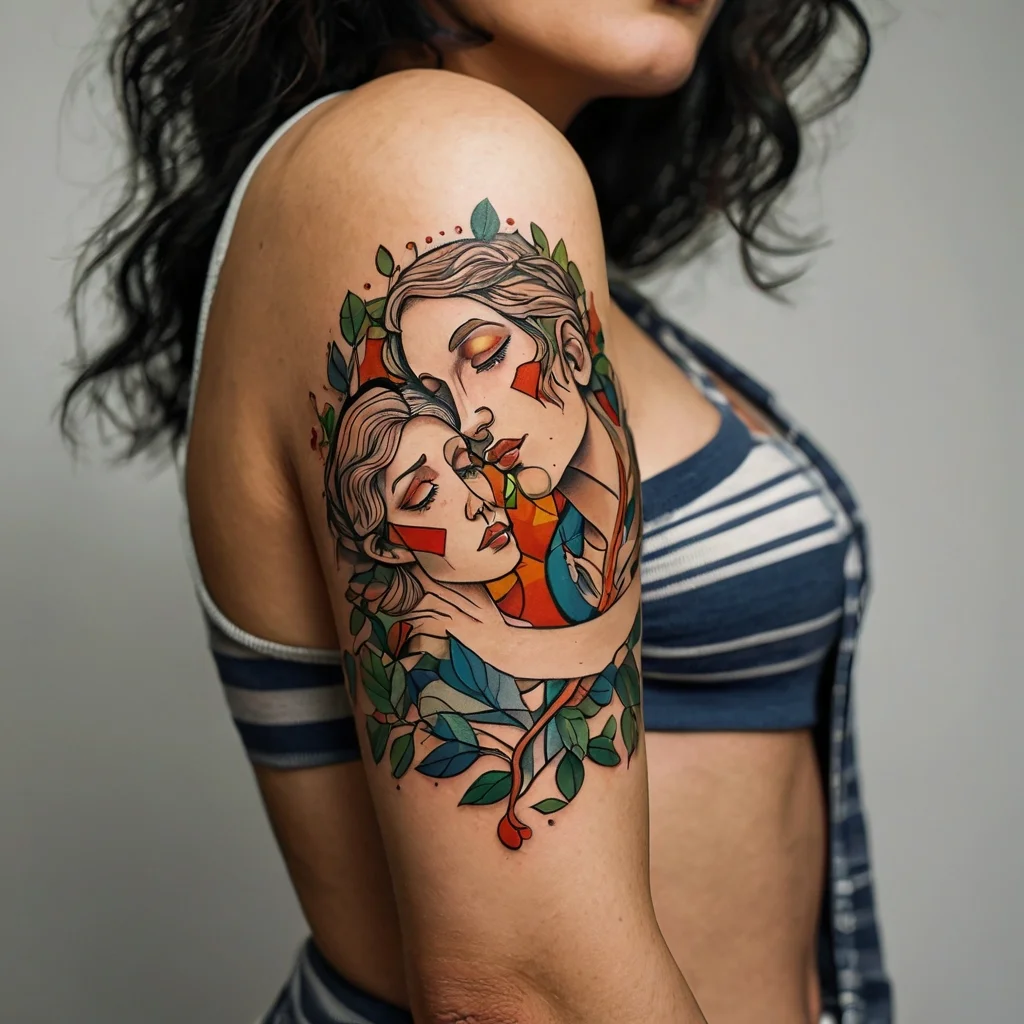 Tattoo of two intertwined faces with vibrant red and green accents, surrounded by leaves on the upper arm.