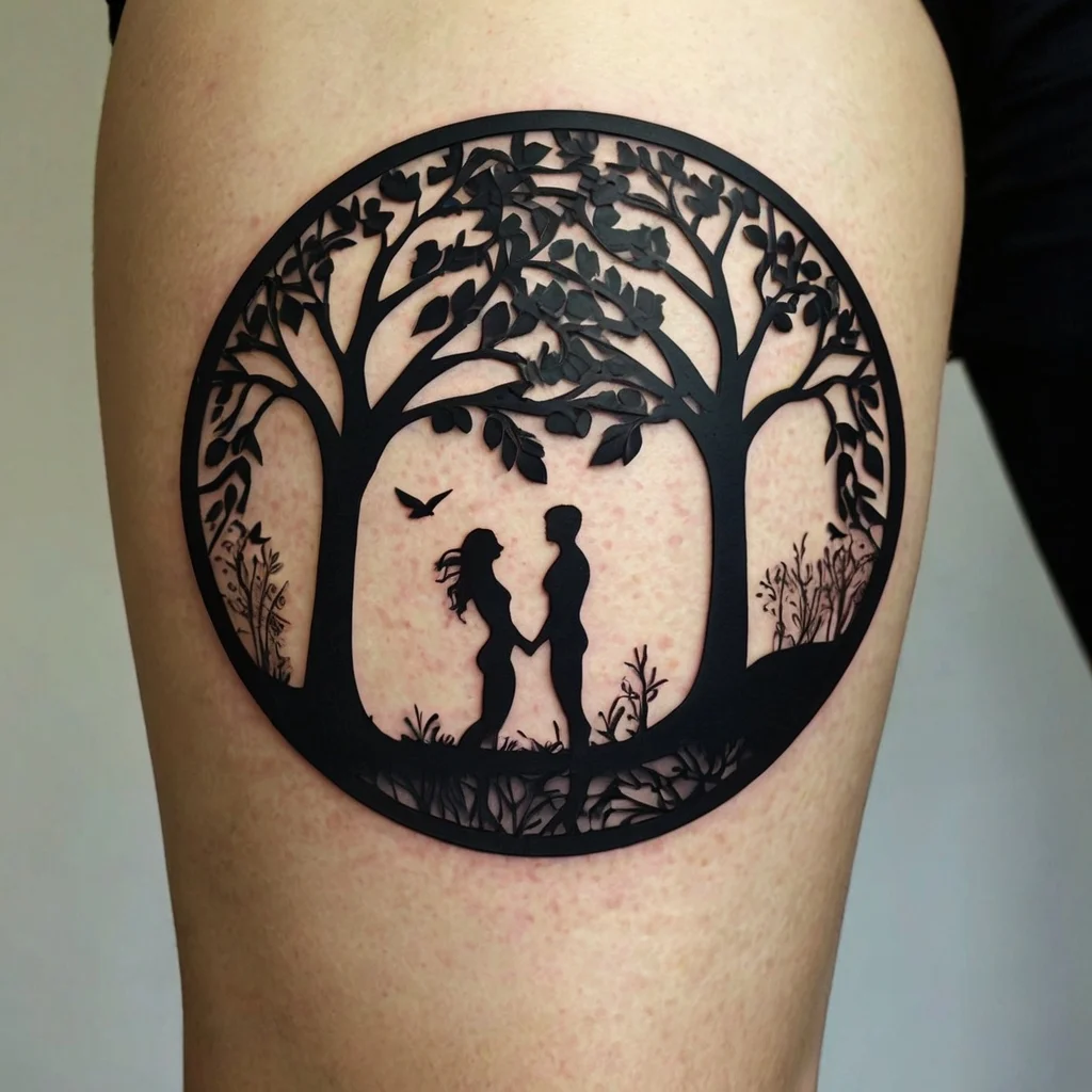 Silhouette of a couple holding hands under trees, with a bird in a circular frame symbolizing love and nature.