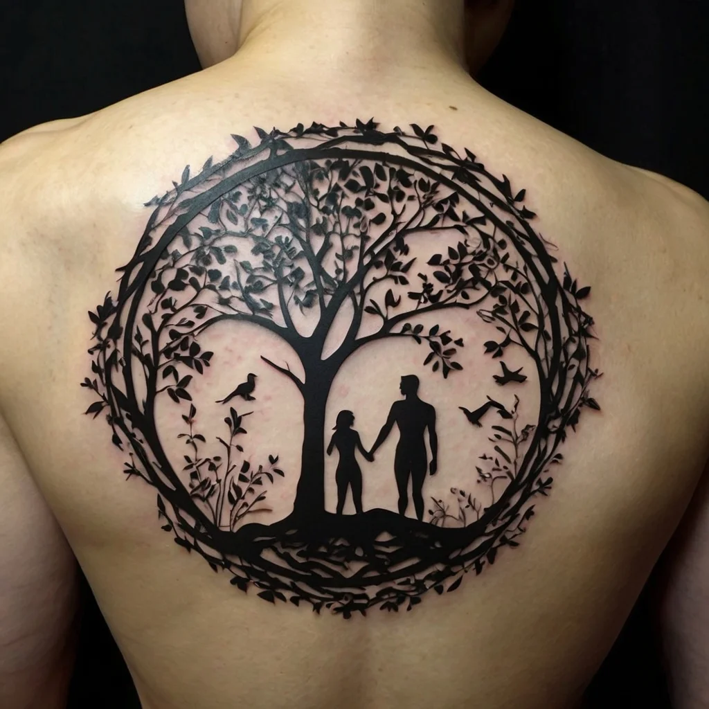 Silhouette tattoo of a tree with birds, featuring a man and child holding hands, symbolizing family and nature, in a circle.